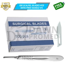 100 Sterile Surgical Blades #23 FREE BP Scalpel Handle #4 Medical ENT German Gr
