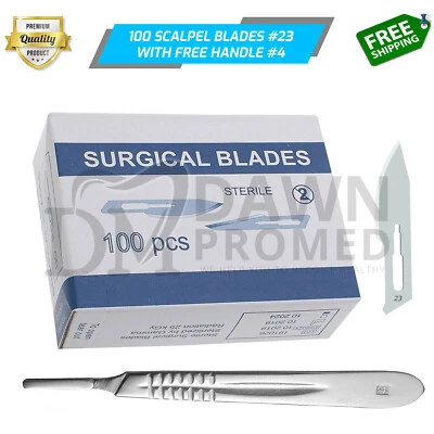 DAWNPROMED 100 Sterile Surgical Blades #23 FREE BP Scalpel Handle #4 Medical ENT German Gr