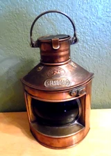 TUNG WOO COPPER NAUTICAL STARBOARD LANTERN BLUE GLASS LENS W/BURNER & WICK
