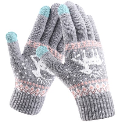 Cartoon Deer Thickened Wool Knitting Touch Screen Full Finger Gloves 1 Pairs