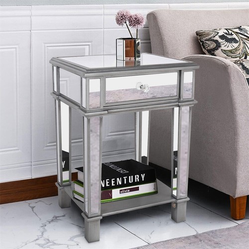 Crystal Mirrored Coffee Table End Table With Drawer Silver Modern Nightstand Dec - Picture 2 of 57