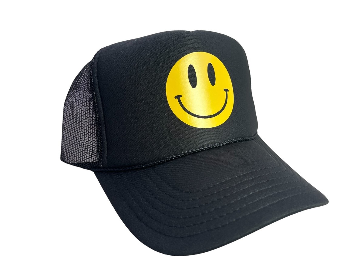 CLASSIC HAPPY FACE YELLOW BLACK HAT 5 PANEL HIGH CROWN 