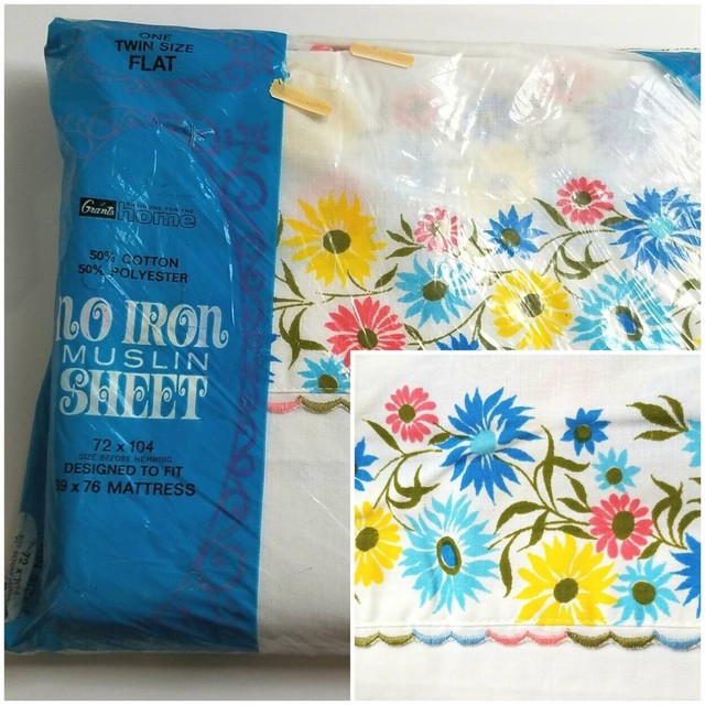 NIP Vintage TWIN FLAT Muslin Sheet Grants "Daisy" Pattern Floral Embroidered NIP Vintage TWIN FLAT Muslin Sheet Grants "Daisy" Pattern Floral Embroidered