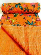 Indian Orange Bird Print Kantha Quilt Bedspread Cotton Handmade Bedding Blanket