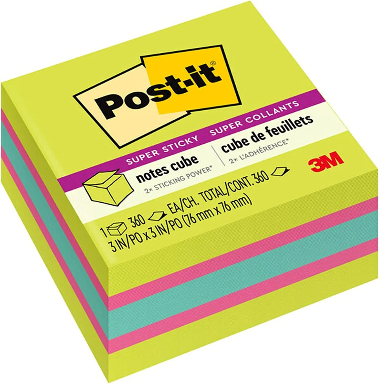 Neon 3M Post-It Notes Cube Super Sticky 3" x 3" 360 Sheets Brand New Sealed