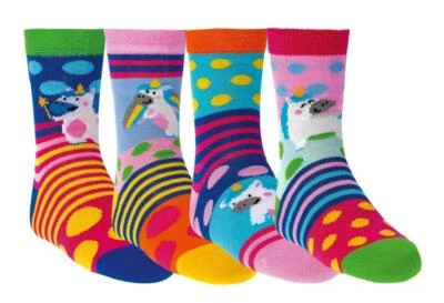 SOCKS 4 FUN ® Kindersocken, fröhlich-lustige Einhorn-Motive, Baumwolle, handgekettelte Naht