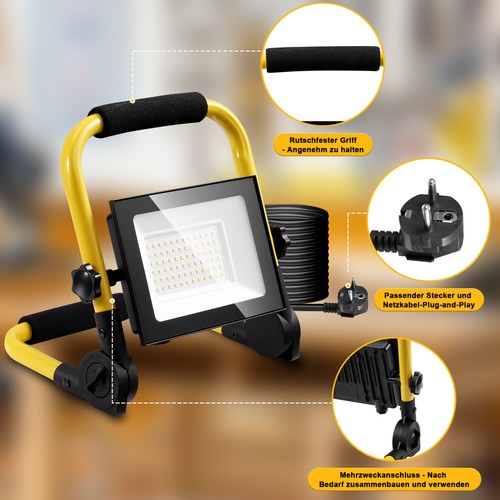 50W/100W/200W LED Fluter Flutlicht Gelb Stativ Stecker Baustrahler Scheinwerfer - Bild 10 von 16