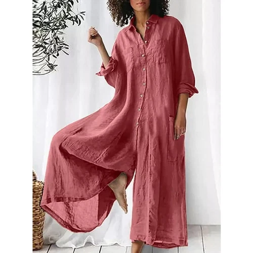 Elegante mono de mujer de lino con botones manga larga pierna ancha pantalones palazzo de playa - Imagen 4 de 52