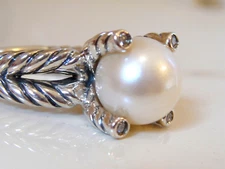 DAVID YURMAN SILVER 10mm PEARL DIAMOND CABLE RING