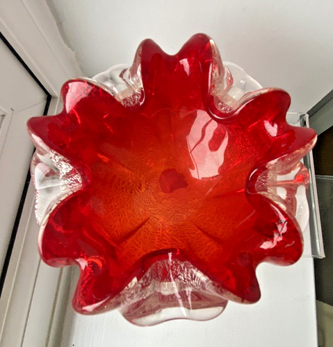 Vintage 1950s Murano LABEL silver aventurine ruffled sommerso glass bowl ashtray - Picture 7 of 19