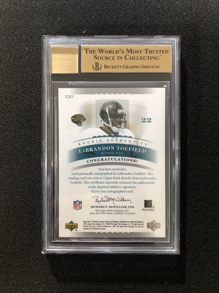 2003 Upper Deck SP Authentic LABRANDON TOEFIELD #230 BGS 9.5 💎 RC AUTO 826/1200 - Image 2 of 2