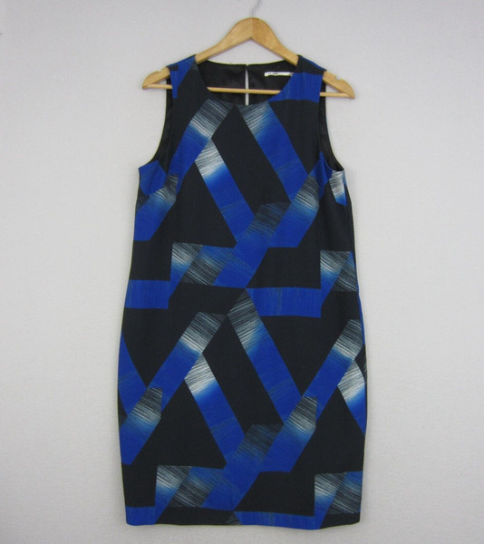 Jane Lamerton Dress Womens 10 Black Blue Geometric Print Sleeveless Sheath Work