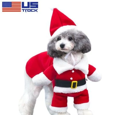 Dog Cat Christmas Costumes Pet Santa Claus Outfit Funny Fancy Clothes with Cap