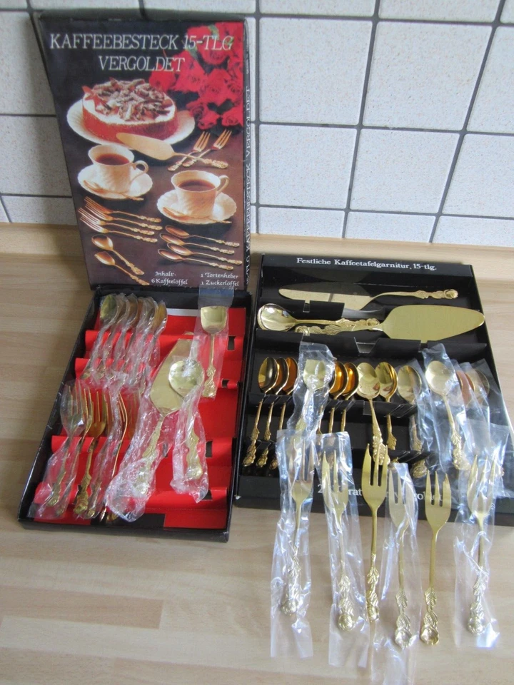 diverse vergoldete Kaffeebestecke divers 2x 15 teilig + X 20 Karat - Bild 1 von 1