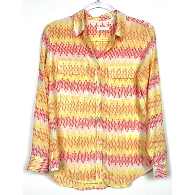 Equipment Yellow Pink Silk Chevron Dot Button Down Top Women s Size Small