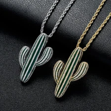 Hip Hop Pendant 3D Cactus Iced Out Necklaces CZ Gold Filled Birthday Rapper Gift