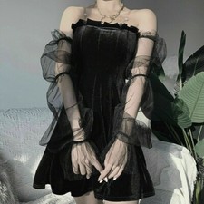 Damen Kleid Gothic Lolita Mini Netz Tüll Plissiert Trägerlos Party Cocktail
