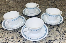 Vintage Corelle Snowflake Blue 4 Coffee / Tea Cups w Saucers Round Loop Handles