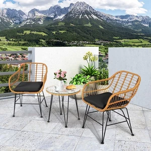 3PCS Rattan Patio Bistro Set Conversation Furniture Set w/ Black Cushions