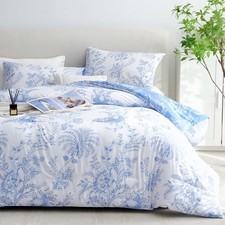 Blue Floral Comforter Set Queen Size White Coquette Bedding Comforter Set 3 Piec
