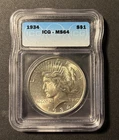 1934 PEACE DOLLAR ICG MS64 - UNCIRCULATED - BETTER DATE - CERTIFIED SLAB - $1