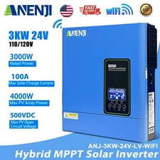 3000W 24V Hybrid Solar Inverter Off-Grid 110/120V MPPT 500V 100A Controller WIFI