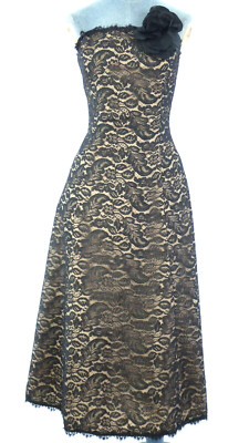 Vintage Kleid ABS Allen Schwartz Spitze Midi Abend Trägerlos Fit Flare 90er UK 10