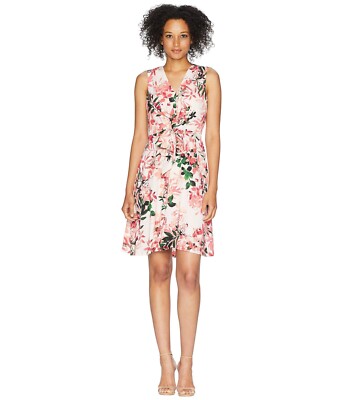 $129 Calvin Klein Women Sleeveless Floral Pleated Tie V-Neck Dress Watermelon 12