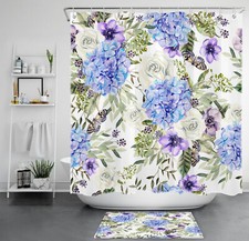 Butterfly Green Plant Blue Hydrangea Shower Curtain Set for Bathroom Decor