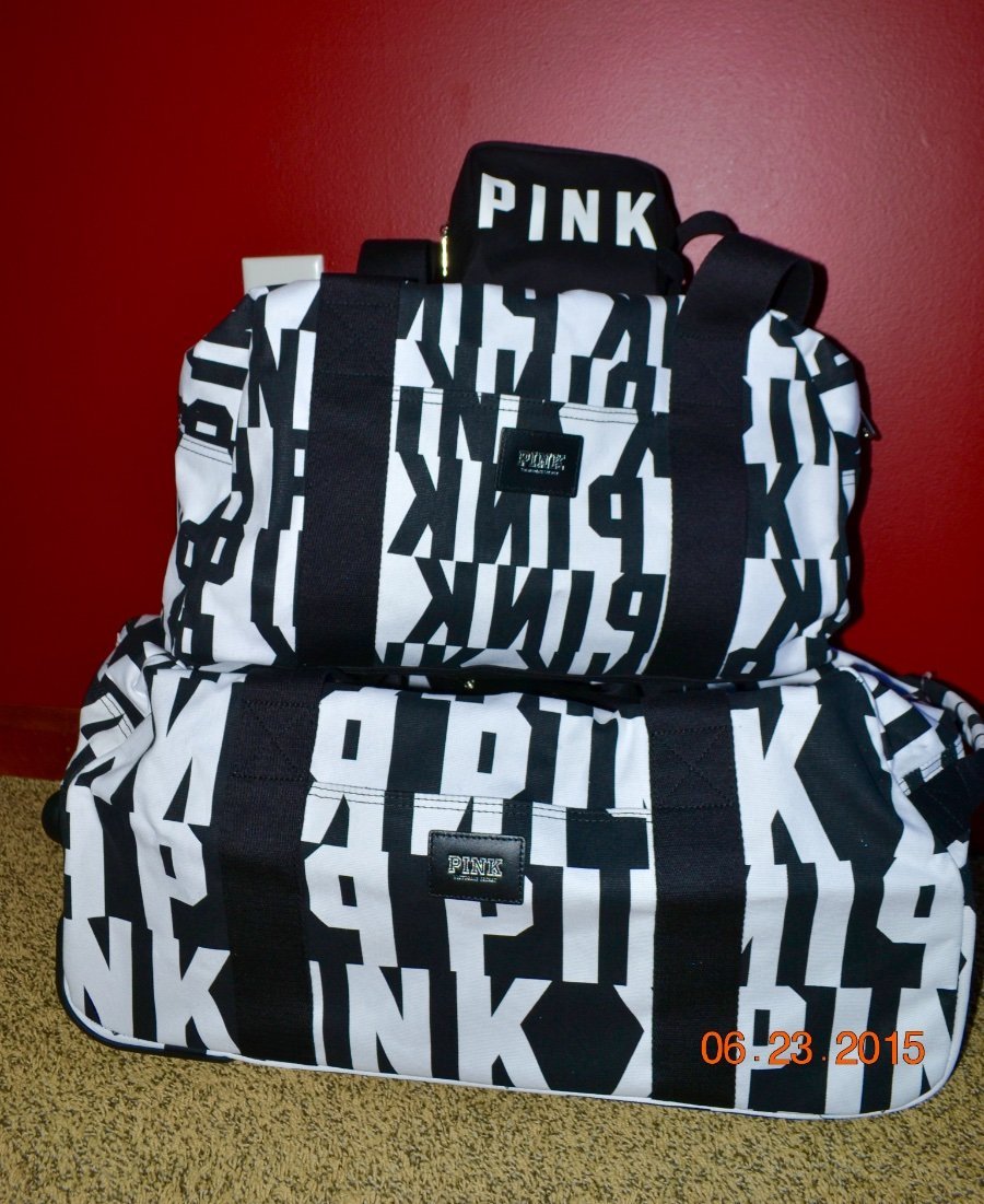 Victorias Secret Pink GRAPHIC 3 Pc Wheelie Duffel Bag Carry on