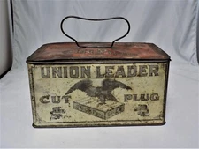NICE VINTAGE COLLECTIBLE EMPTY UNION LEADER CUT PLUG TOBACCO TIN LUNCHBOX STYLE 