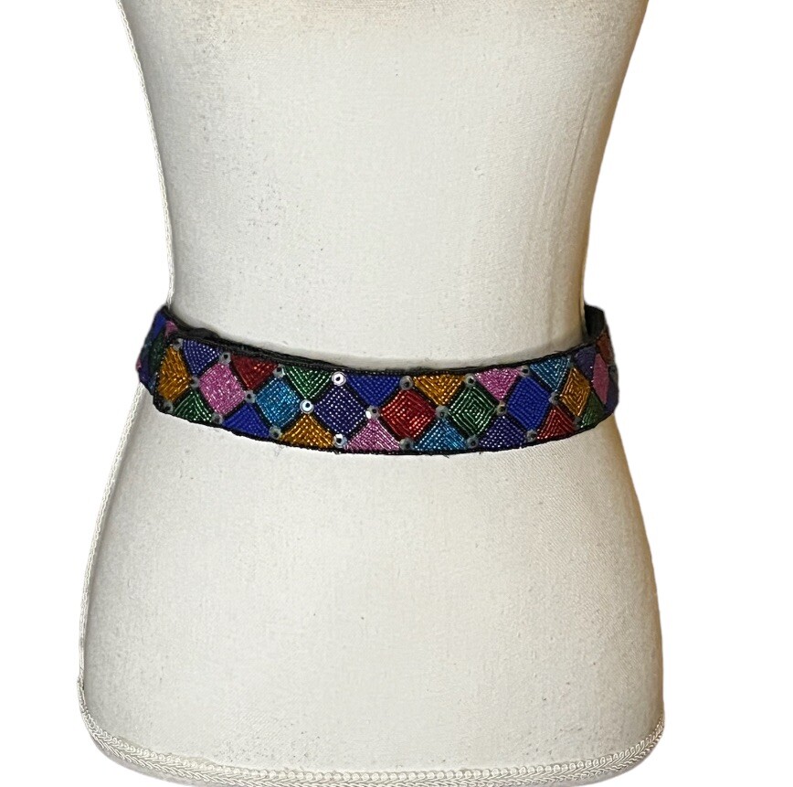 Vtg Ginnie Johansen Belt Womens Black Beaded Sequin Colorful  display picture 3