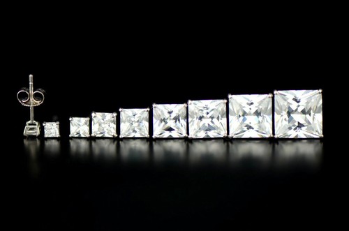 Princess Cut 925 Sterling Silver Cubic Zirconia Stud Butterfly Square Earrings - Picture 2 of 3
