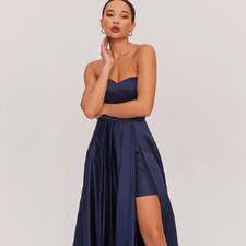 Fame and Partners Plus Size Sarah Knee Length Gown Duchess Satin Navy Sz 22 NWT