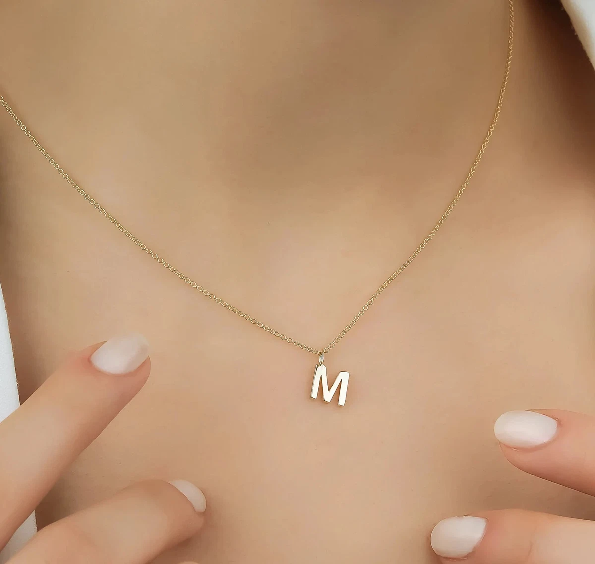 14K SOLID YELLOW GOLD INITIAL NECKLACE, DAINTY LETTER M NECKLACE