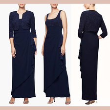 NWT Alex Evenings 18 Draped Column Gown with Bolero Jacket Navy Blue Q1131