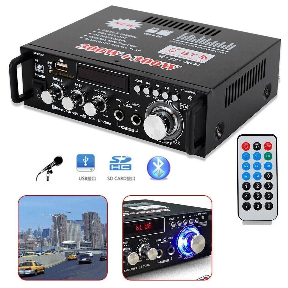 600W 12V Mini Bluetooth Hi-Fi Stereo Audio Amplificatore Digitale FM MP3 - 298BT - Immagine 3 di 4