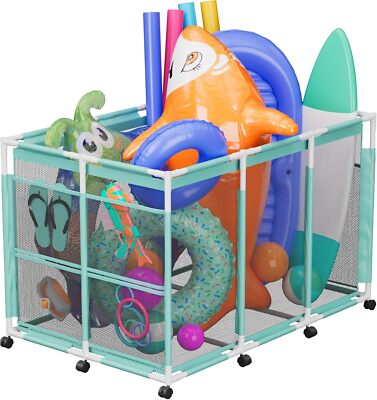 Outdoor Pool Toy Storage Bin Cyan Mesh Rolling Organizer for Noodles Floats Ball