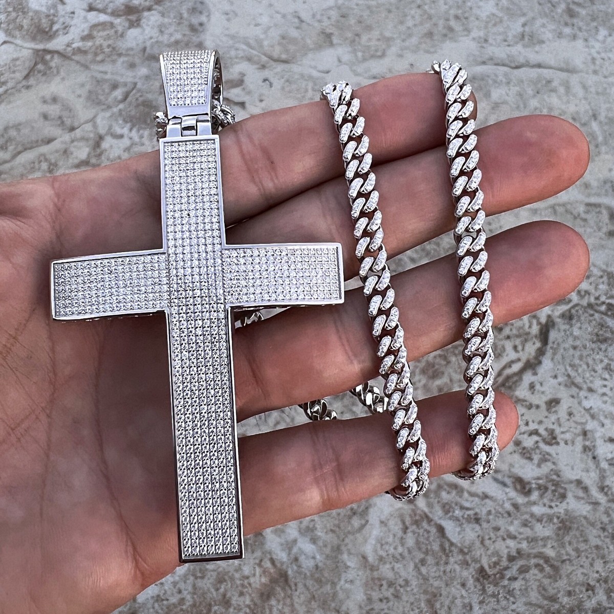 925 Sterling Silver Big Cross Pendant Iced Flooded Out CZ