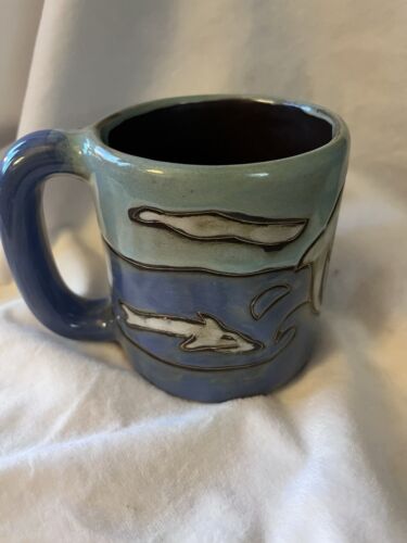 Mara Mexico Steingut Keramik Kaffee Tee Becher Delfine Ozean Blau Grob - Bild 3 von 6