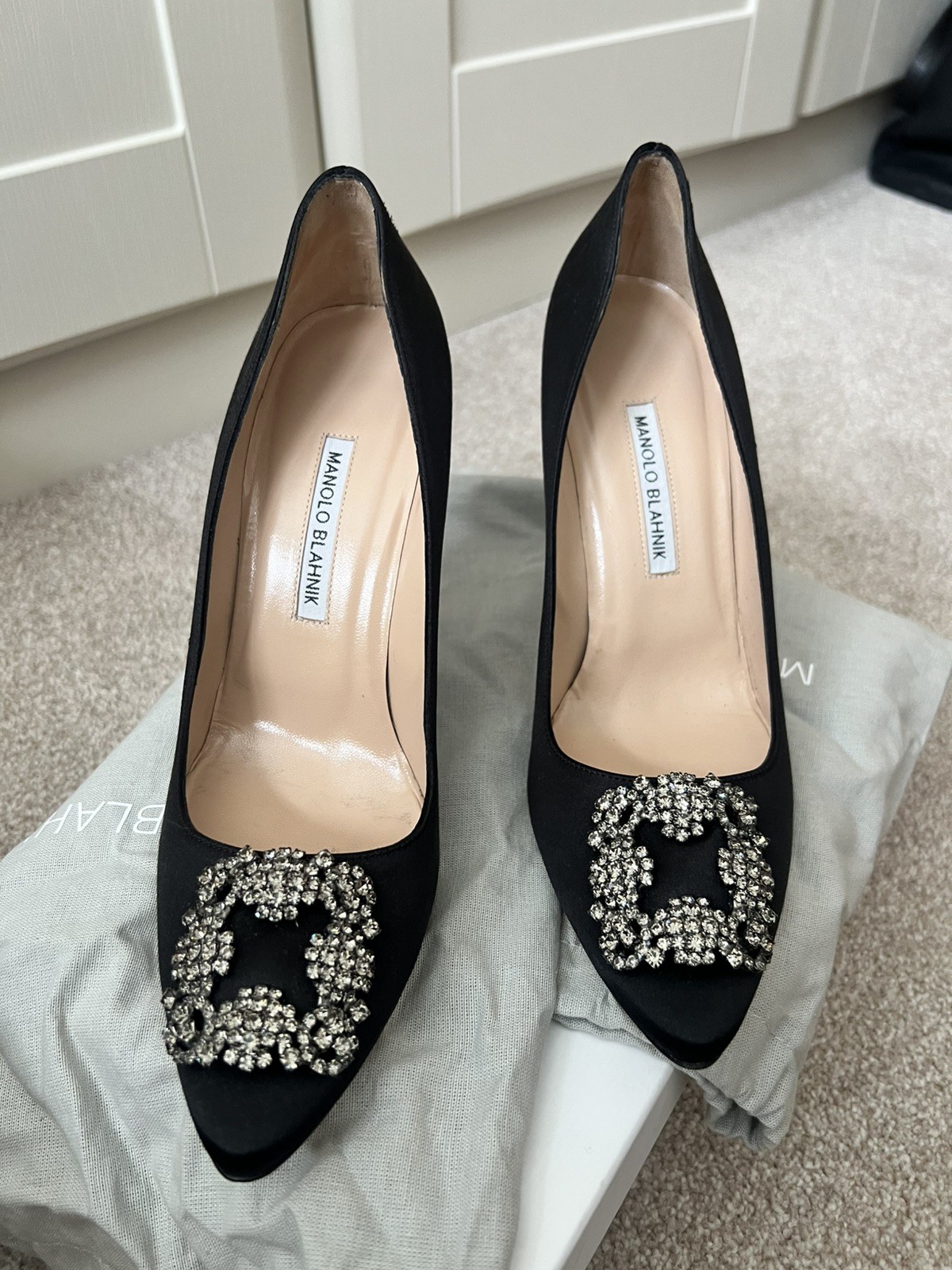 Manolo Blahnik HANGISI Black Satin Jewel Buckle Pumps EU40 RRP: £1,115.00