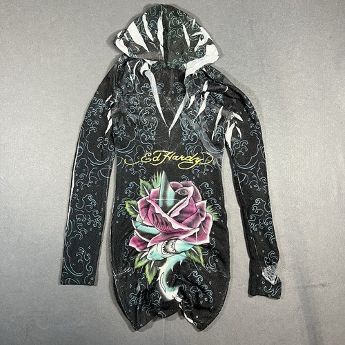 Bodycon-Damenkleid Ed Hardy Größe S Mehrfarbig mit Kapuze Used-Look - Bild 1 von 4