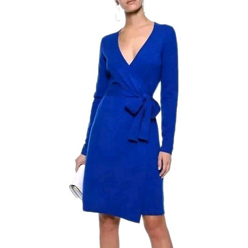 Diane Von Furstenberg Womens Wrap Dress Cobalt Blue Long Sleeve Midi V-Neck Sz 4 - Picture 1 of 10