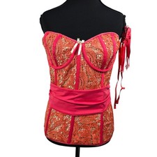 Coquette Coral Nude Lace Bustier Underwire Corset Top Detachable Garters XL NWT