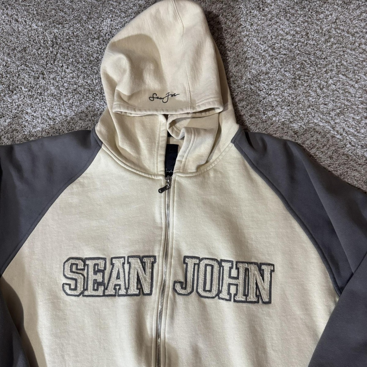 Sean John Hoodie Mens 2XL Beige Gray Full Zip Spell Out Sweatshirt