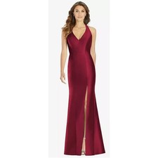 Alfred Sung D761 NWT Burgundy Satin Halter Trumpet Maxi Gown Slit Dress Prom 4