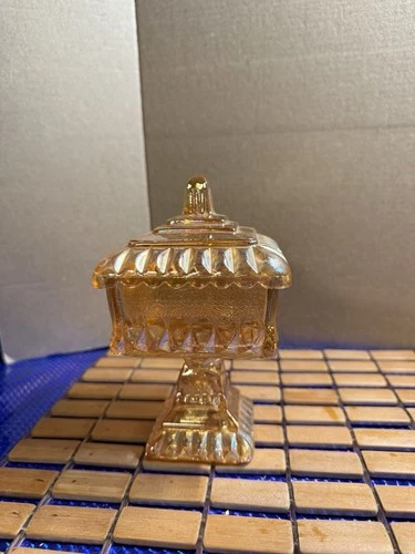vintage Jeanette Peach Depression Glass Cov'rd Pedestal Wedding Box Candy Dish