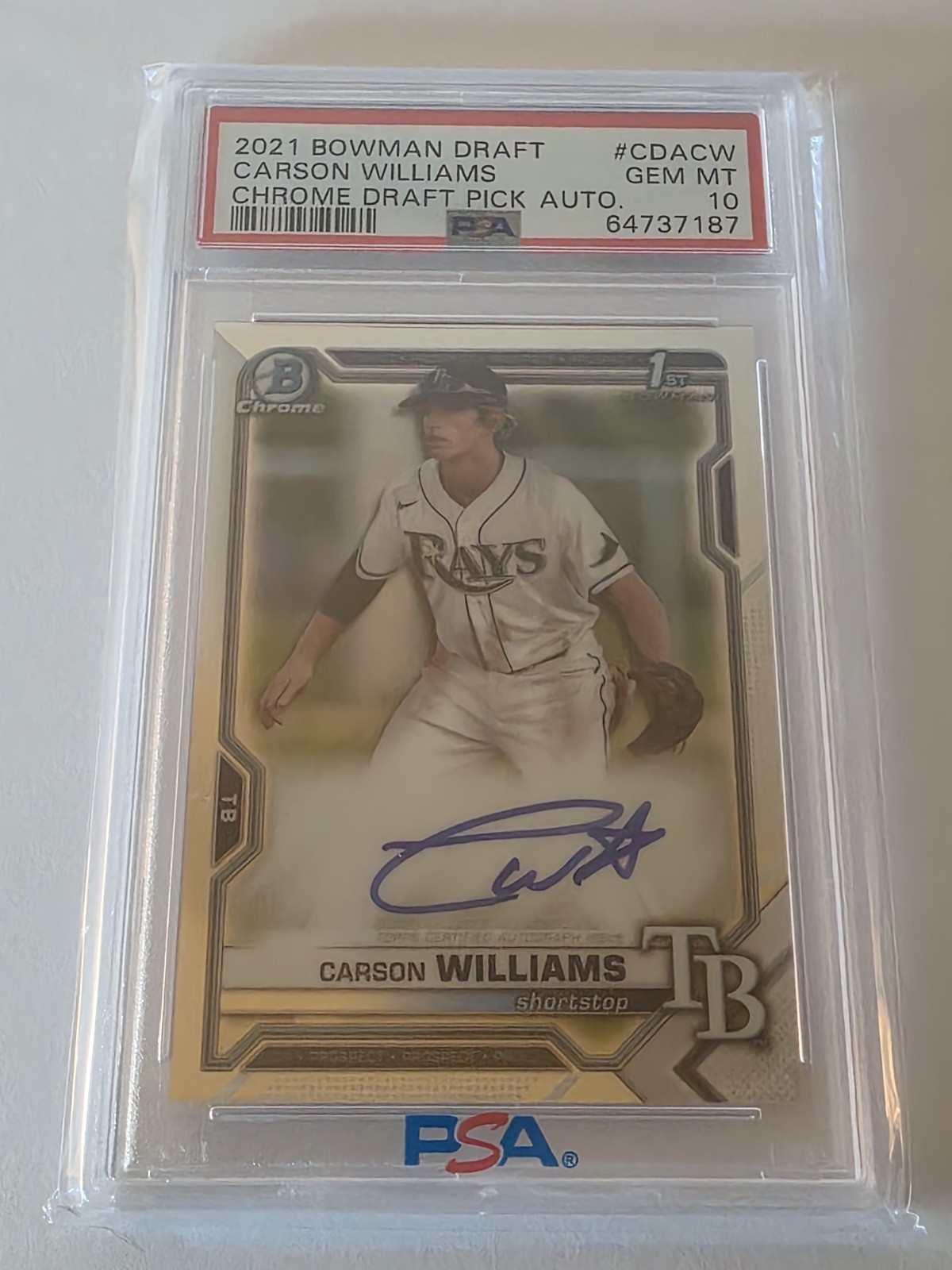 2021 Bowman Draft Chrome Draft Pick Auto Carson Williams #CDA-CW PSA 10 Rays
