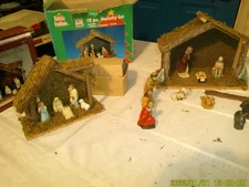2 OLDER NATIVITY SETS WOODEN MANGERS PORCELAIN FIGURES