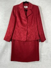 Le Suit 2PC Skirt Suit Womens 10 Red Blazer Buttons Long Sleeves Quilted Paisley